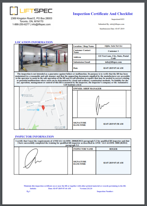 automotive lift inspection report